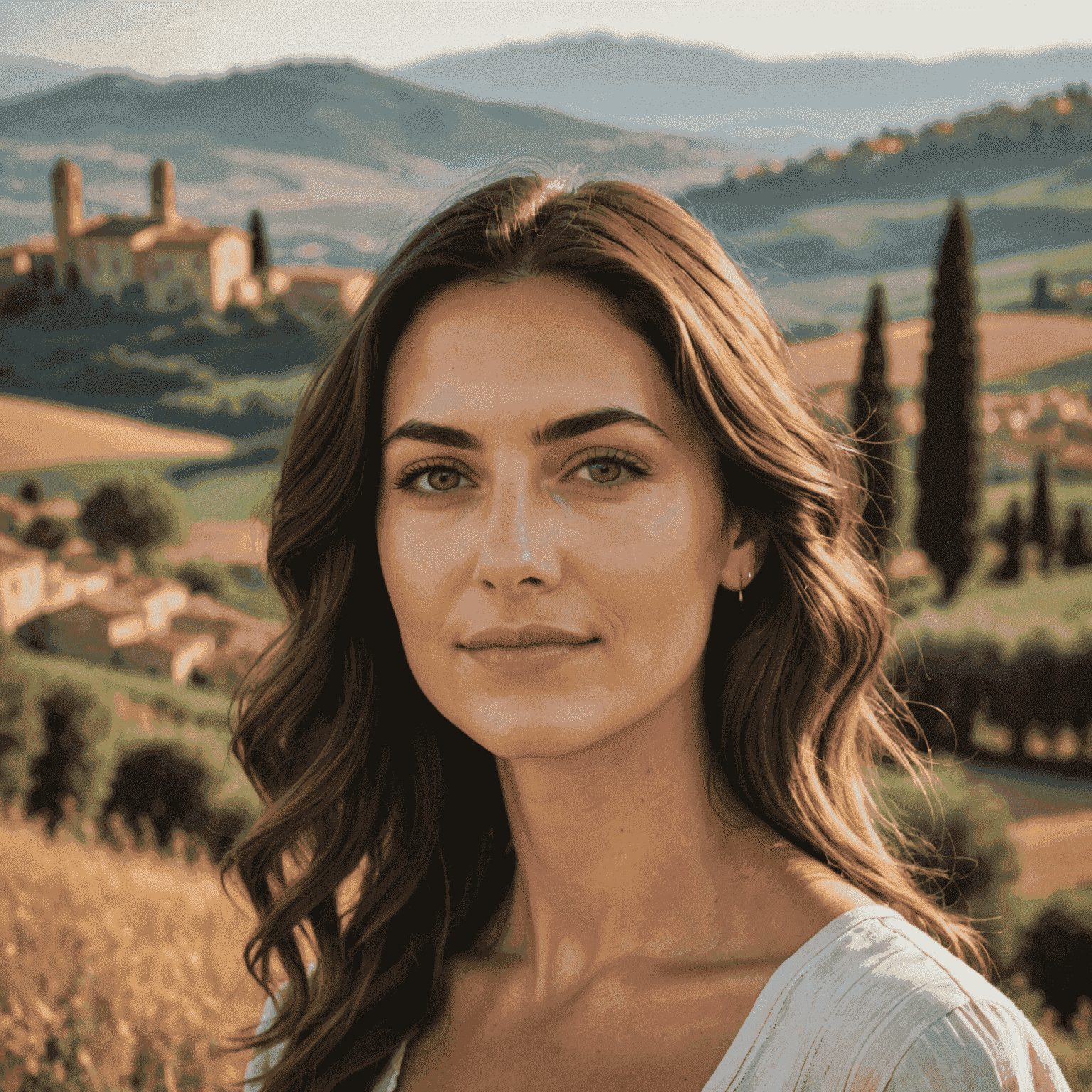 Una donna italiana con un trucco naturale che mostra la sua pelle radiosa e luminosa, con sullo sfondo un paesaggio toscano sfocato