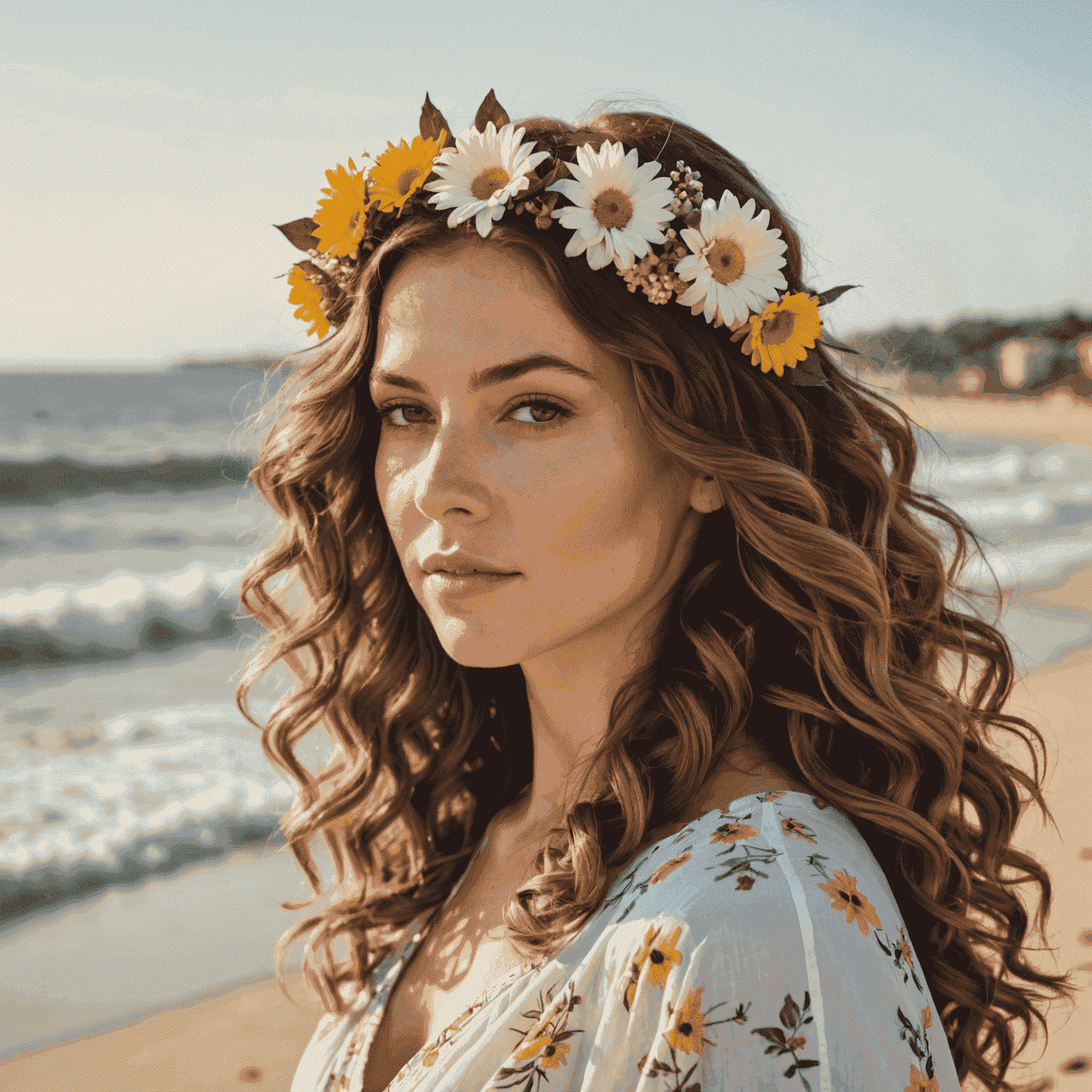 Cinque acconciature estive: donna con capelli mossi e fiori tra i capelli, sfondo spiaggia soleggiata