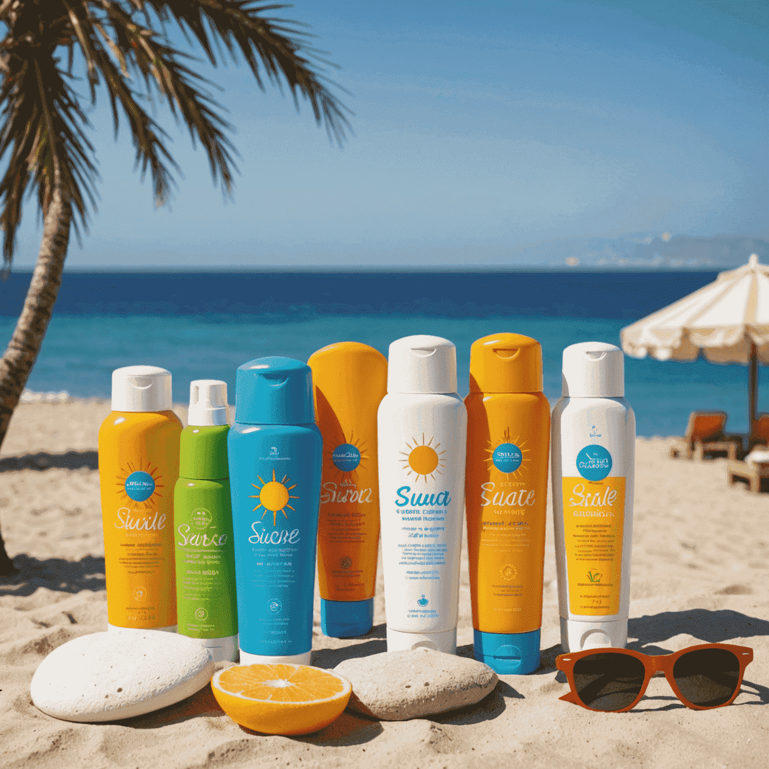 Assortimento di creme solari su uno sfondo di spiaggia mediterranea