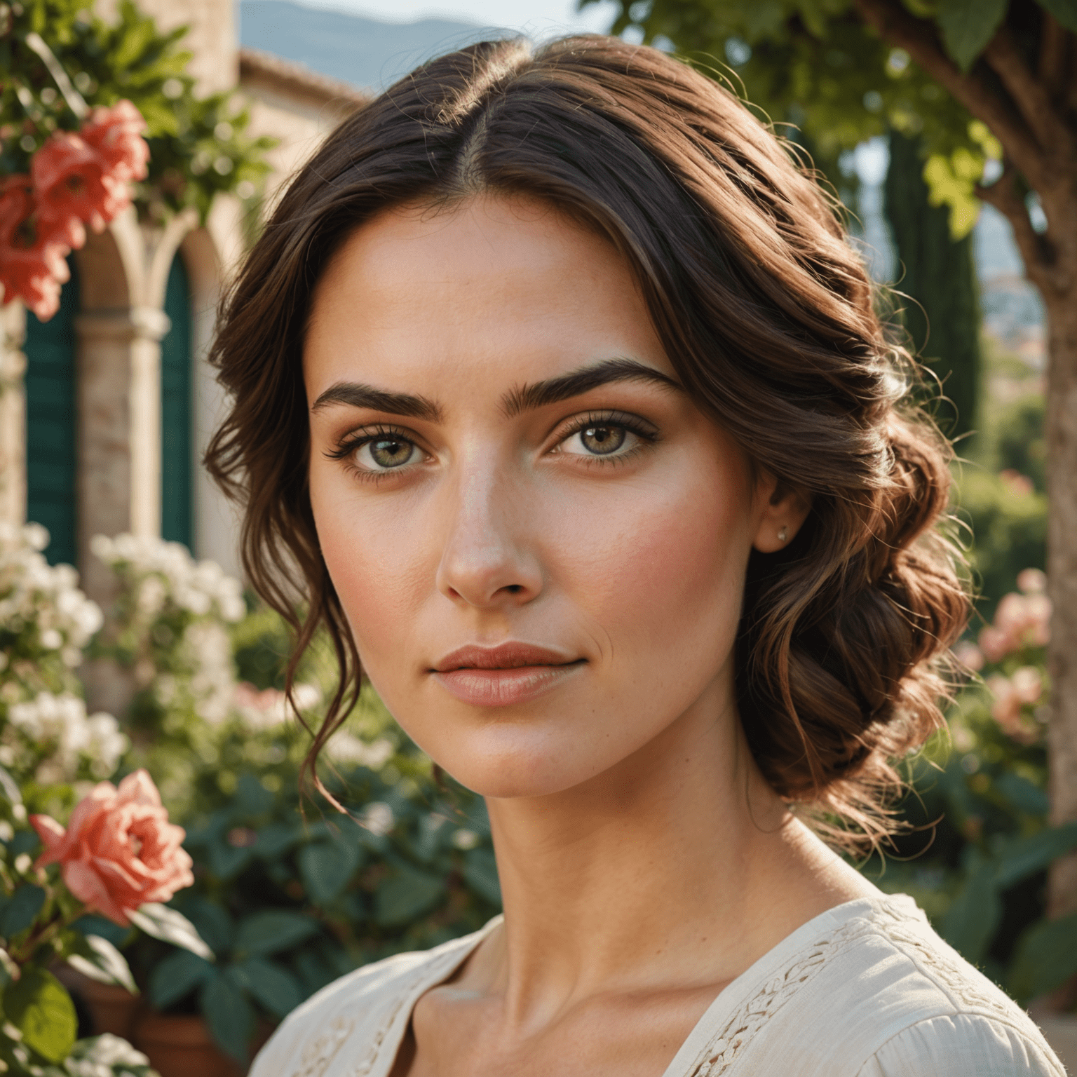 Donna italiana con trucco naturale, pelle luminosa e sguardo sereno, sfondo di un giardino mediterraneo