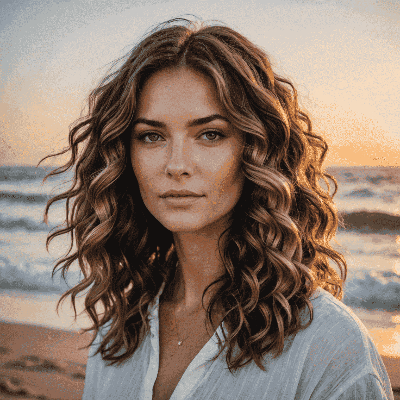 Donna con beach waves naturali e luminose