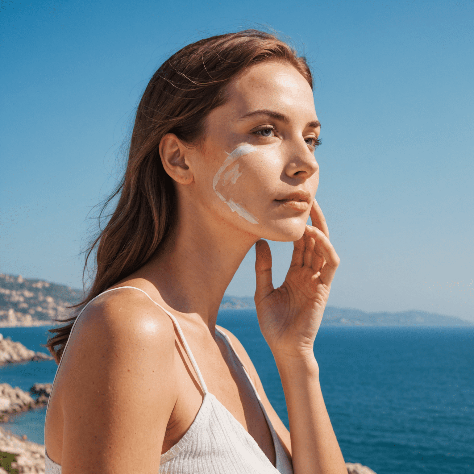 Donna che applica crema solare sul viso, sullo sfondo il mare Mediterraneo e il cielo azzurro